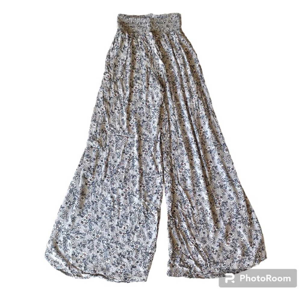 Gray Boho Women’s Floral Print stretchy waist wide leg pant